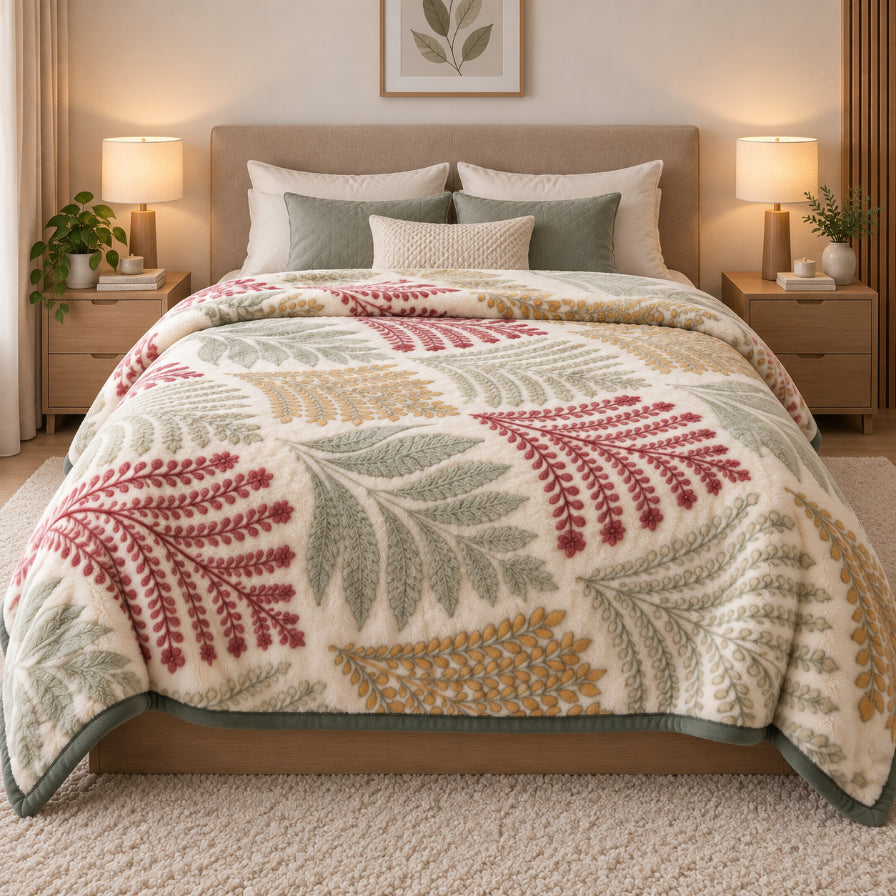 Velvet Rose Printed Single Bed Double Layer Blanket - Cream