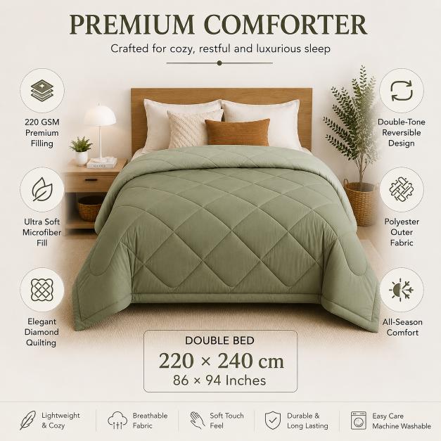 Premium Double Bed Reversible Light Weight Comforter - Olive Green