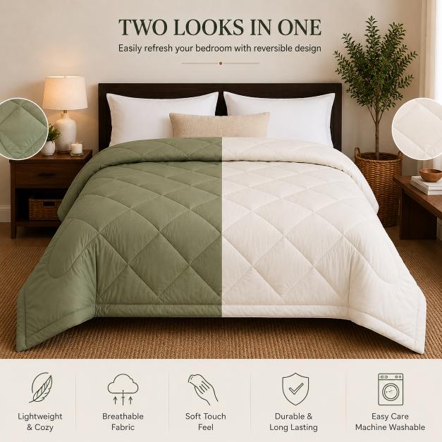 Premium Double Bed Reversible Light Weight Comforter - Olive Green