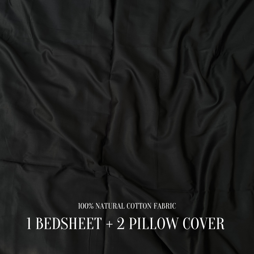 Midnight Black Flat Premium Cotton  Bedsheet Set