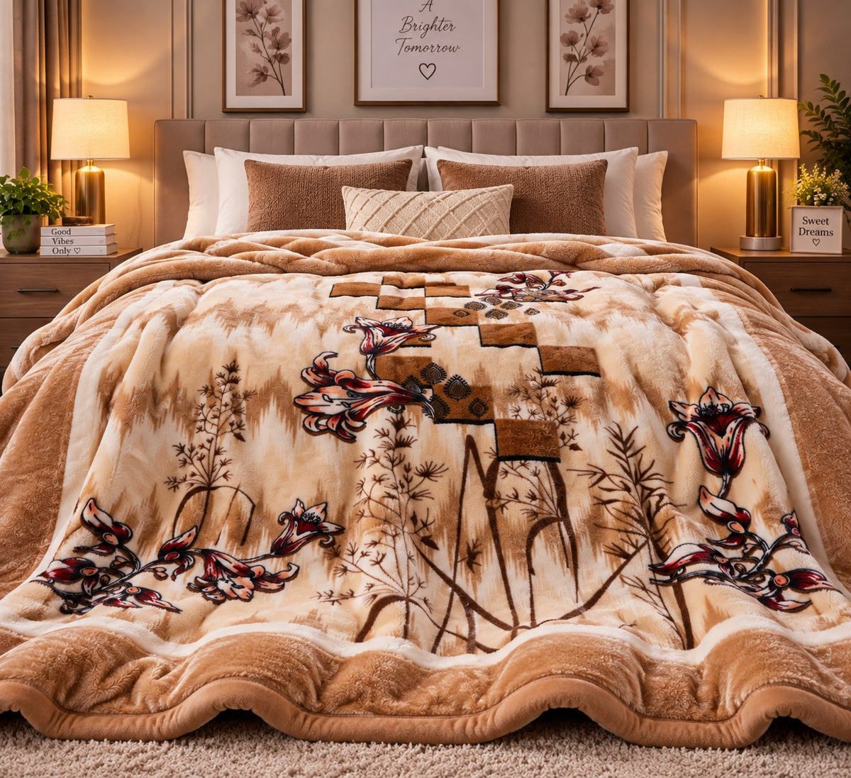 Laguna Printed Double Bed Double Layer 4.5kg Blanket - Beige