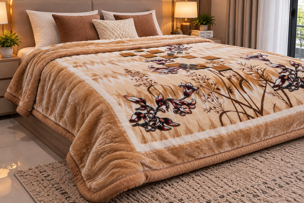 Laguna Printed Double Bed Double Layer 4.5kg Blanket - Beige