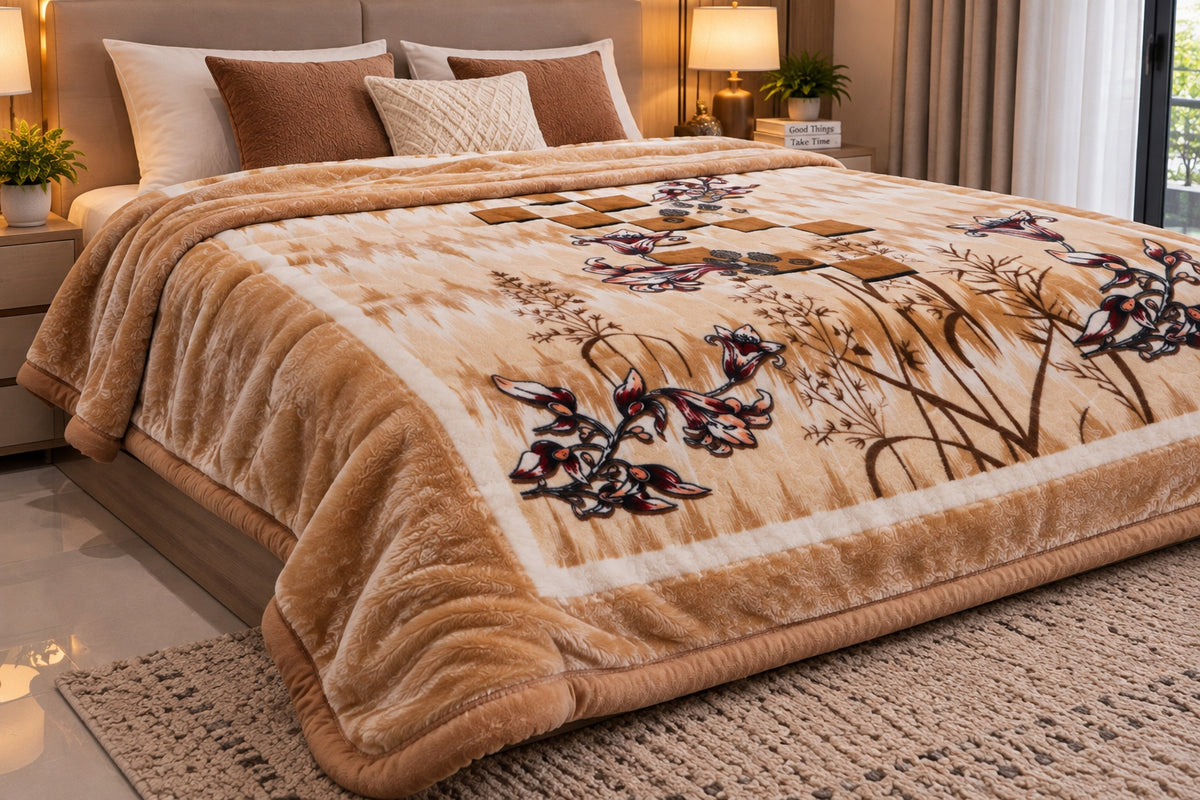 Laguna Printed Double Bed Double Layer 4.5kg Blanket - Beige