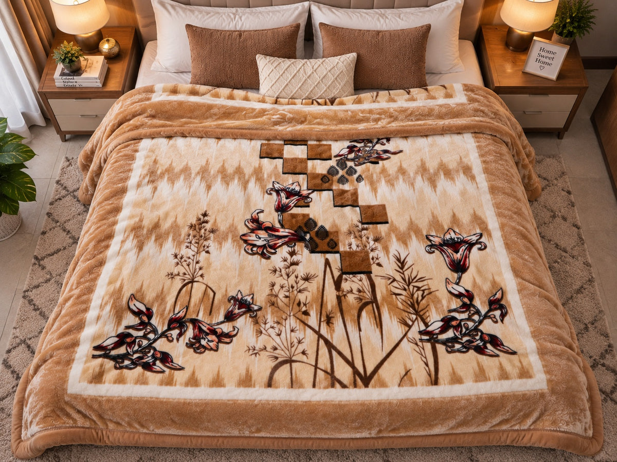Laguna Printed Double Bed Double Layer 4.5kg Blanket - Beige