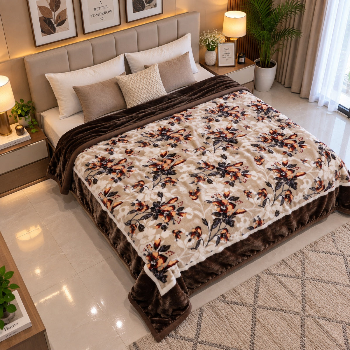 Laguna Printed Double Bed Double Layer 4.5kg Blanket - Walnut
