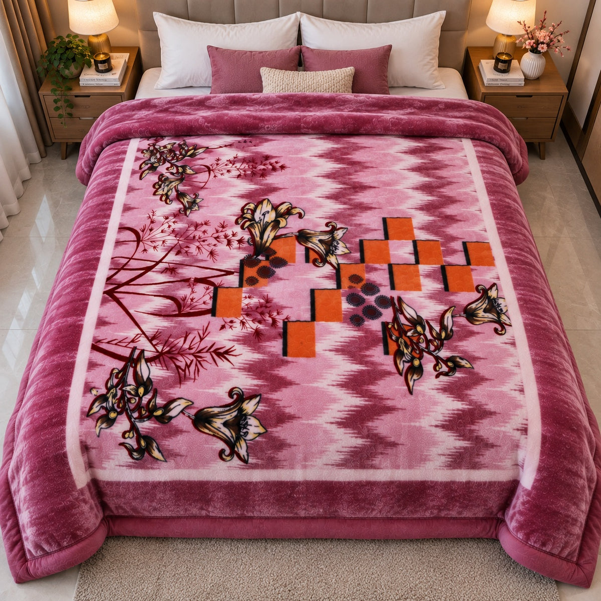 Laguna Printed Double Bed Double Layer 4.5kg Blanket - Rose