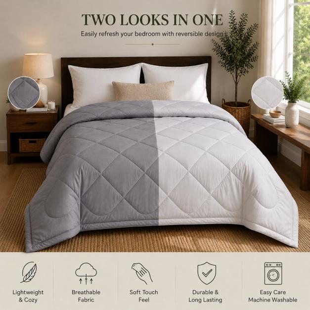 Premium Double Bed Reversible Light Weight Comforter - Ash Grey