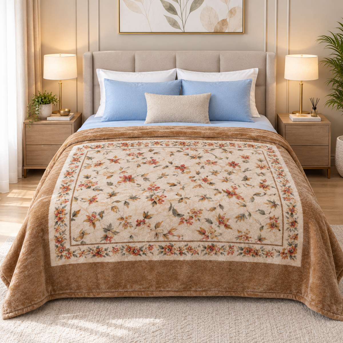 Malibu Premium Printed Single Bed Single Layer Blanket 1.6 Kg  - Beige