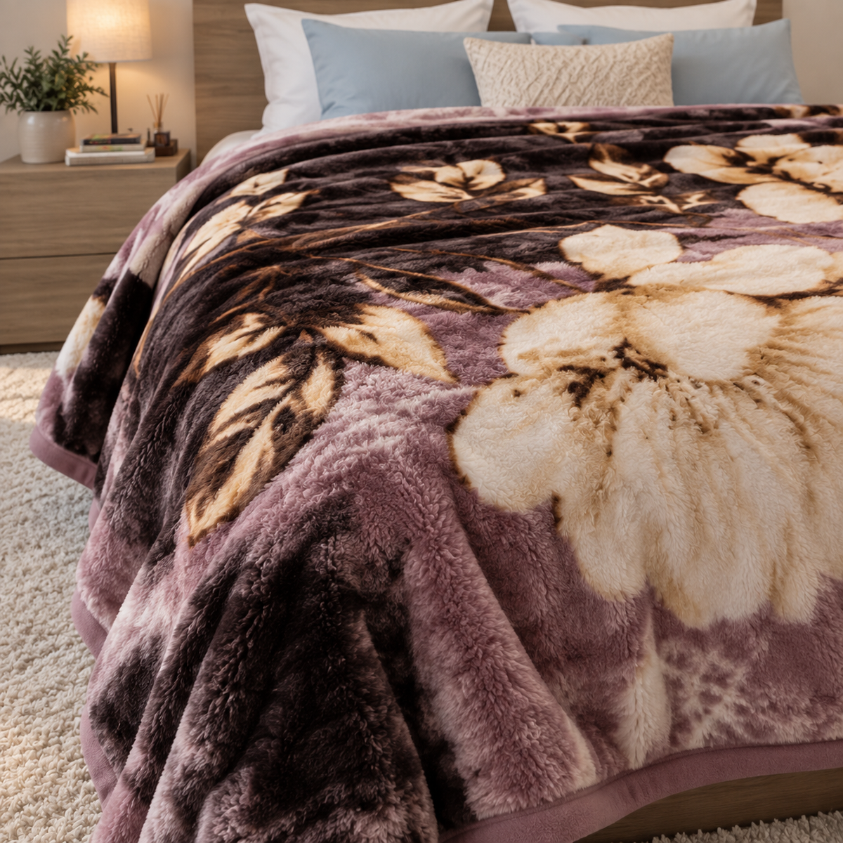 Velvet Rose Printed Single Bed Double Layer Blanket - Neutral Black