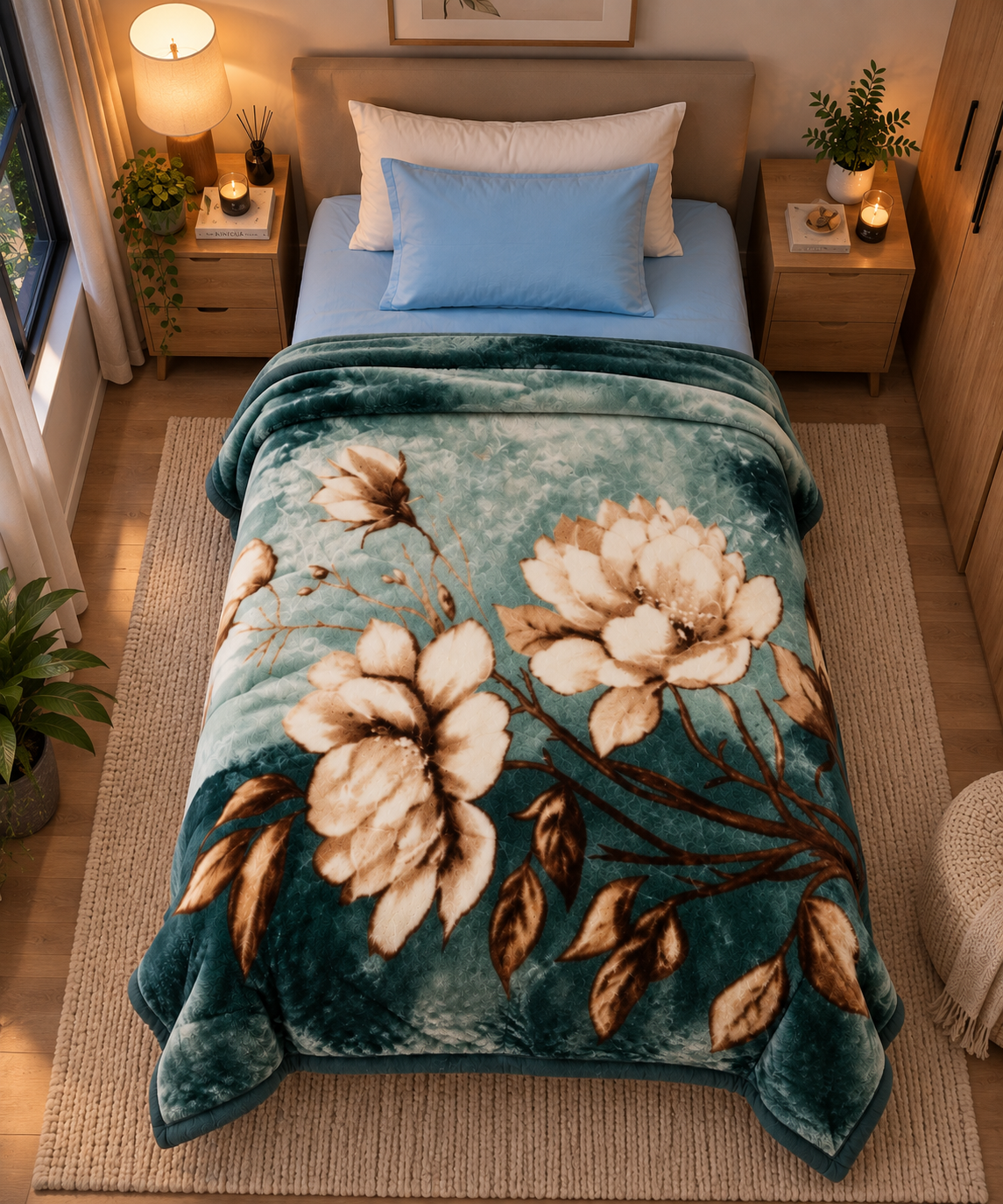 Velvet Rose Printed Single Bed Double Layer Blanket - Pine