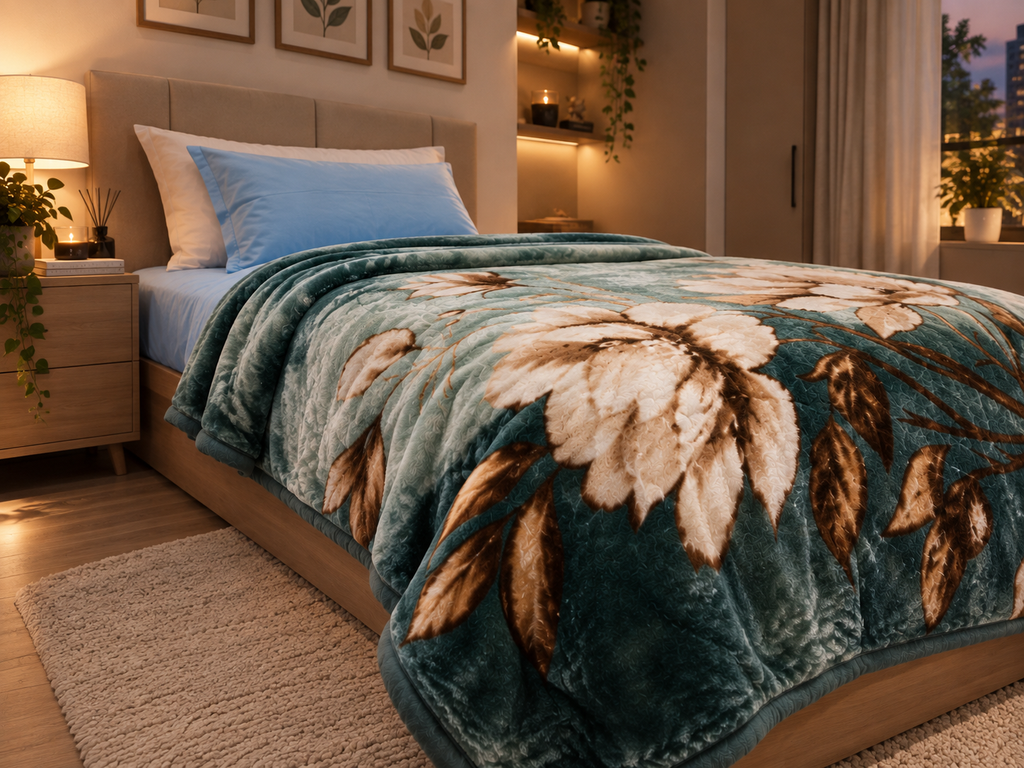 Velvet Rose Printed Single Bed Double Layer Blanket - Pine
