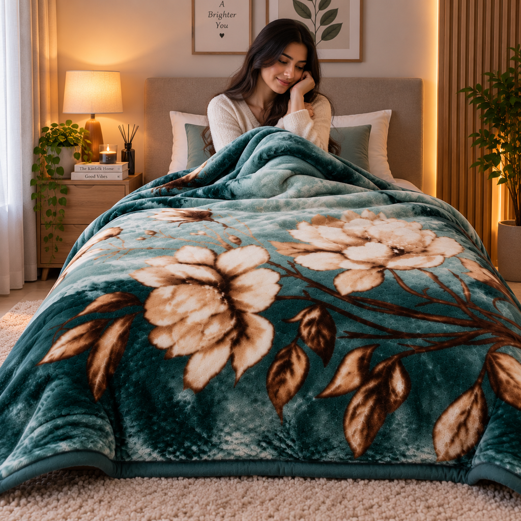 Velvet Rose Printed Single Bed Double Layer Blanket - Pine