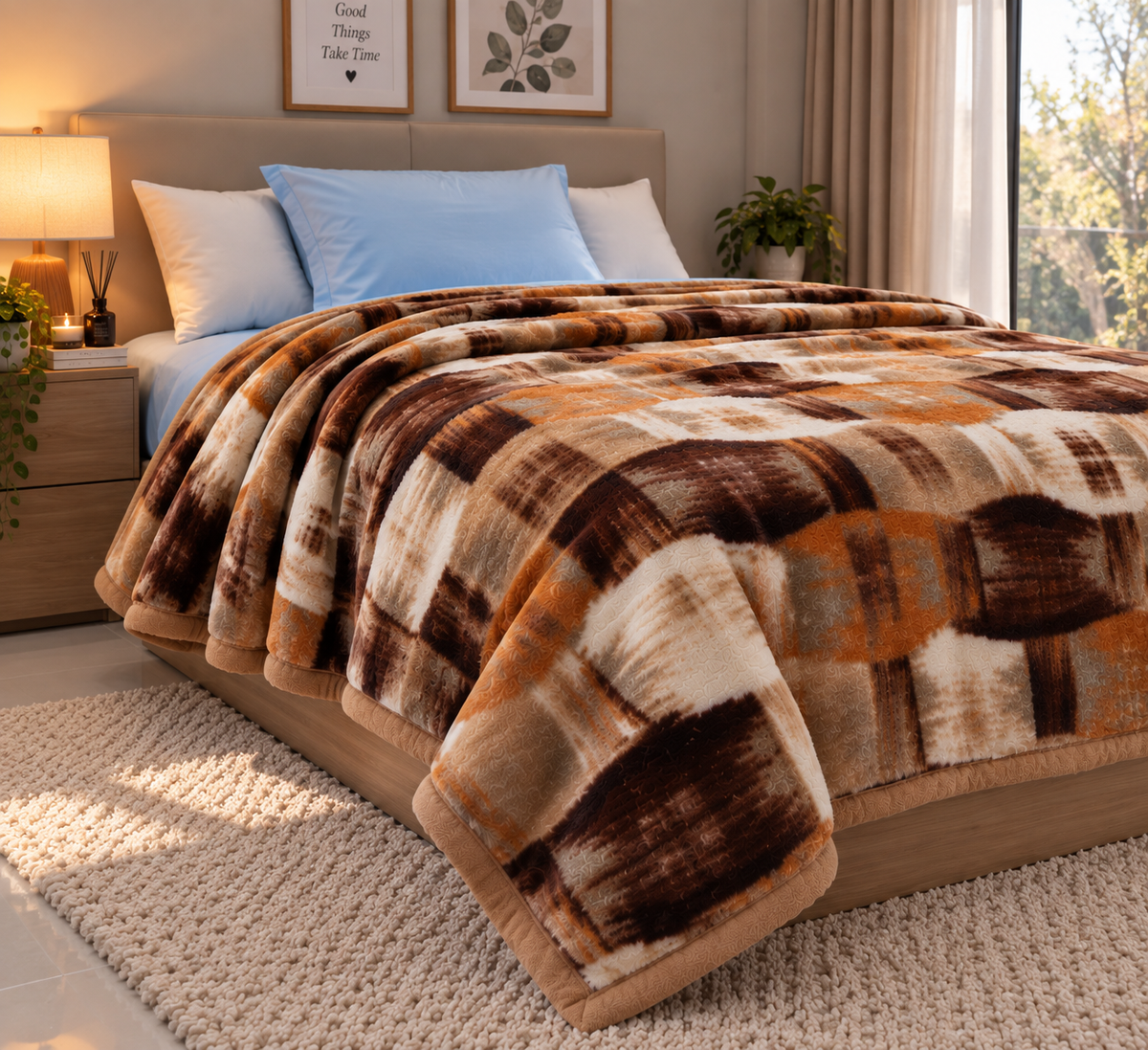 Velvet Rose Printed Single Bed Double Layer Blanket - Brown