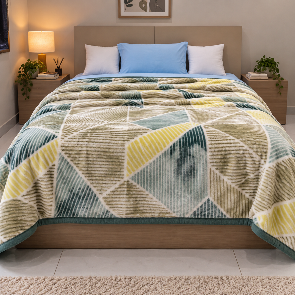 Velvet Rose Printed Single Bed Double Layer Blanket - Olive