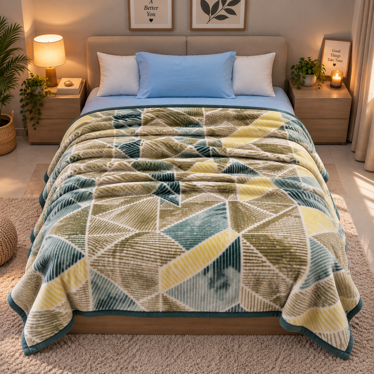 Velvet Rose Printed Single Bed Double Layer Blanket - Olive