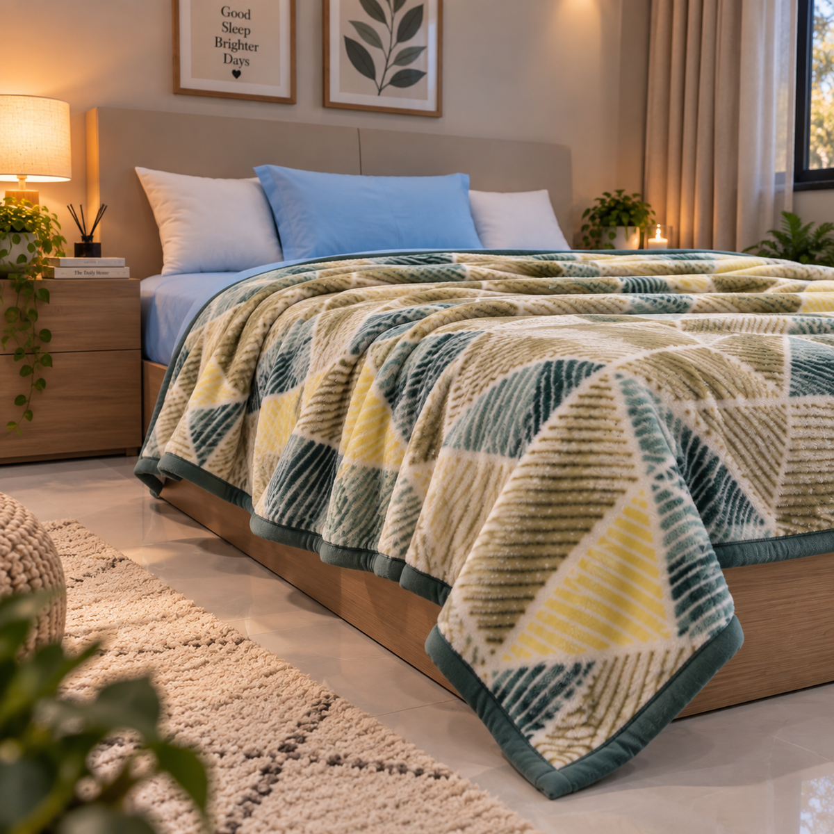 Velvet Rose Printed Single Bed Double Layer Blanket - Olive