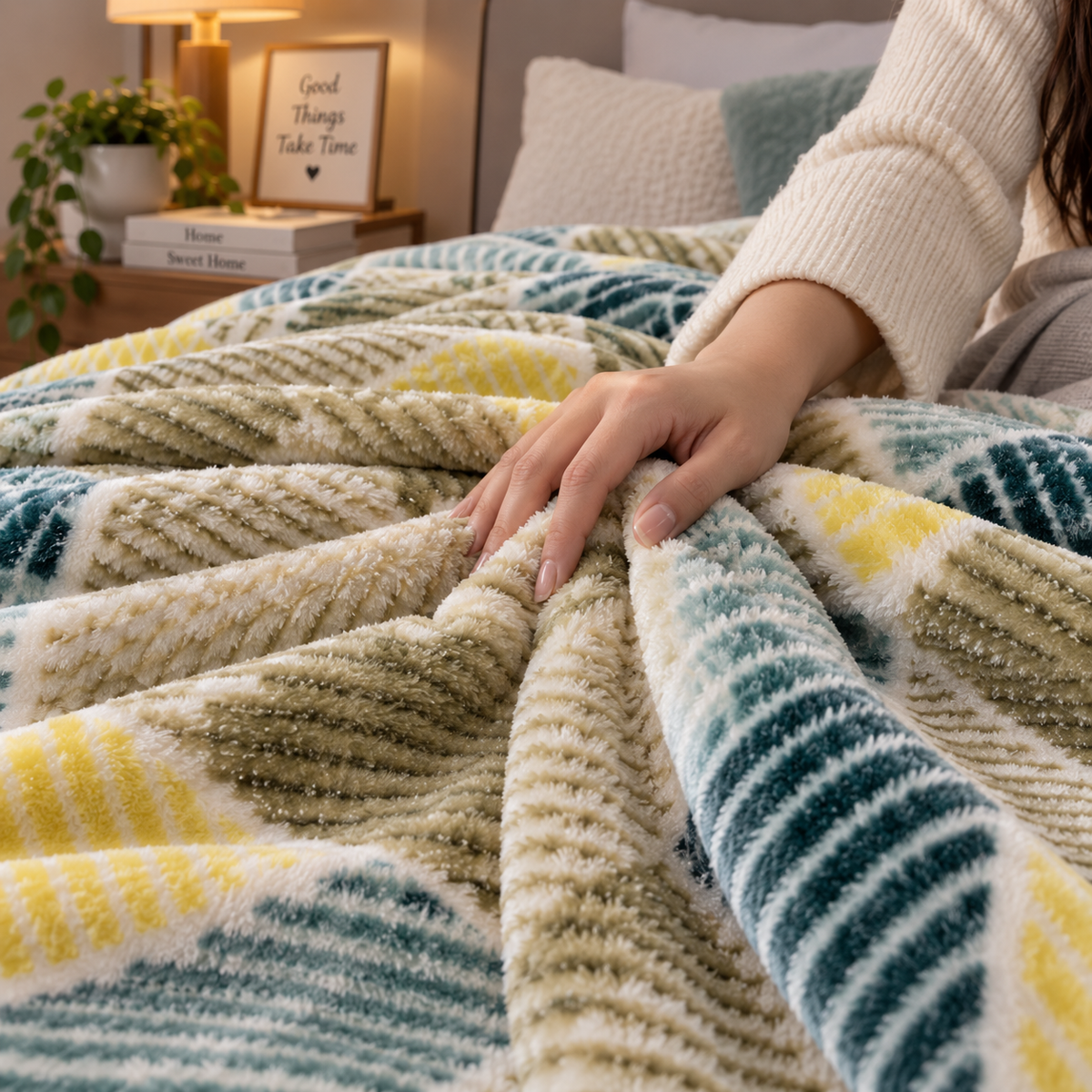 Velvet Rose Printed Single Bed Double Layer Blanket - Olive
