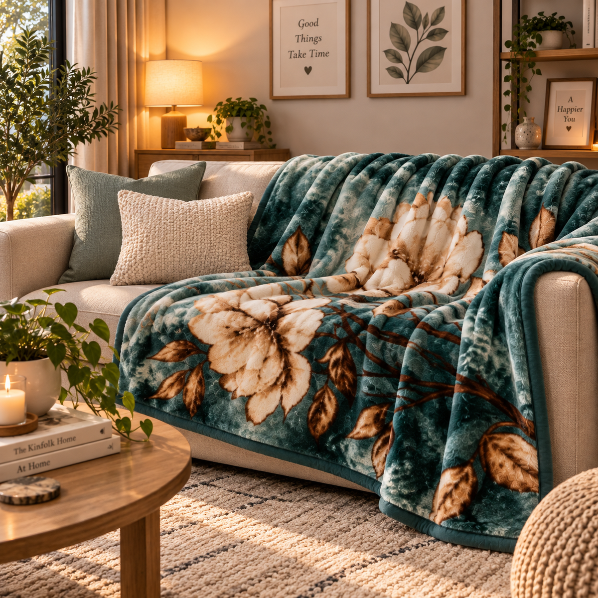 Velvet Rose Printed Single Bed Double Layer Blanket - Pine