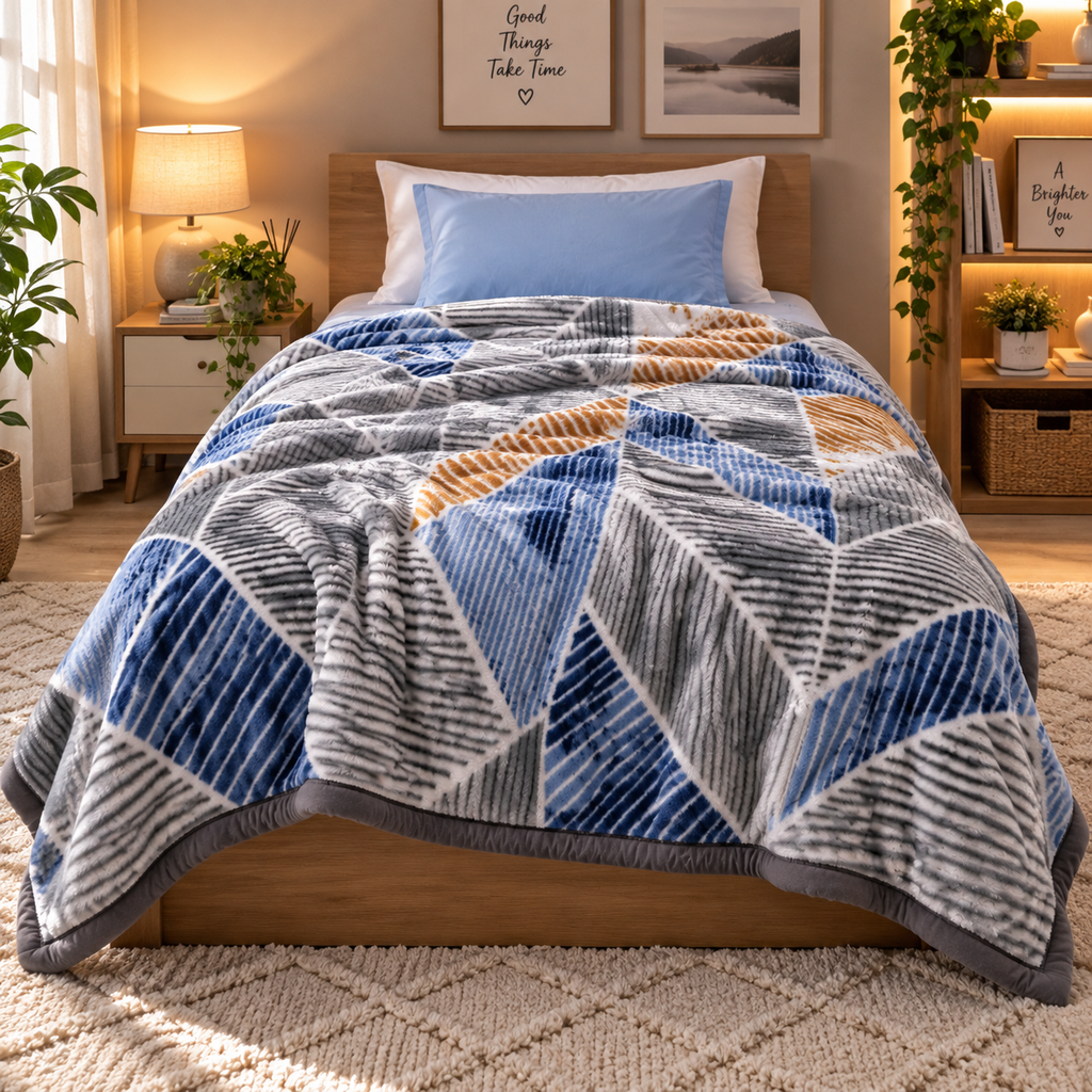 Velvet Rose Printed Single Bed Double Layer Blanket - Denim