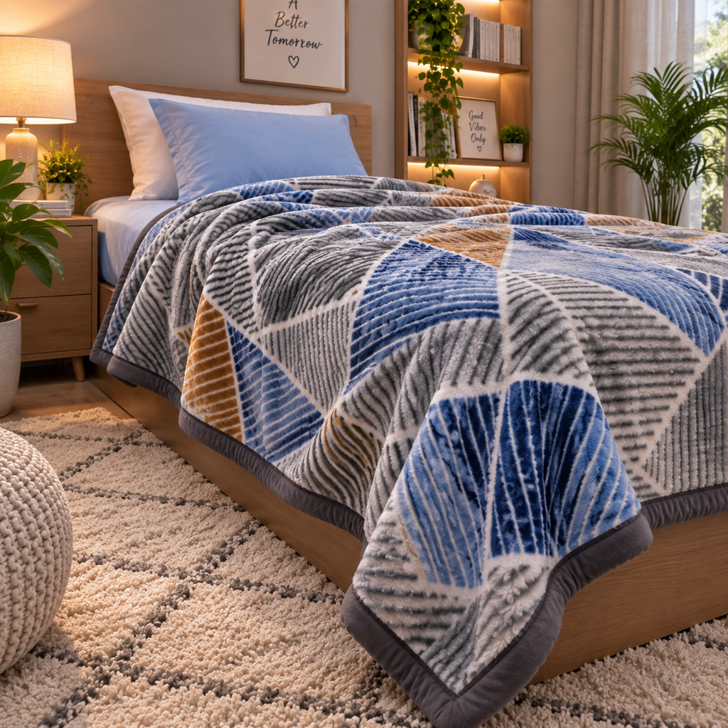 Velvet Rose Printed Single Bed Double Layer Blanket - Denim