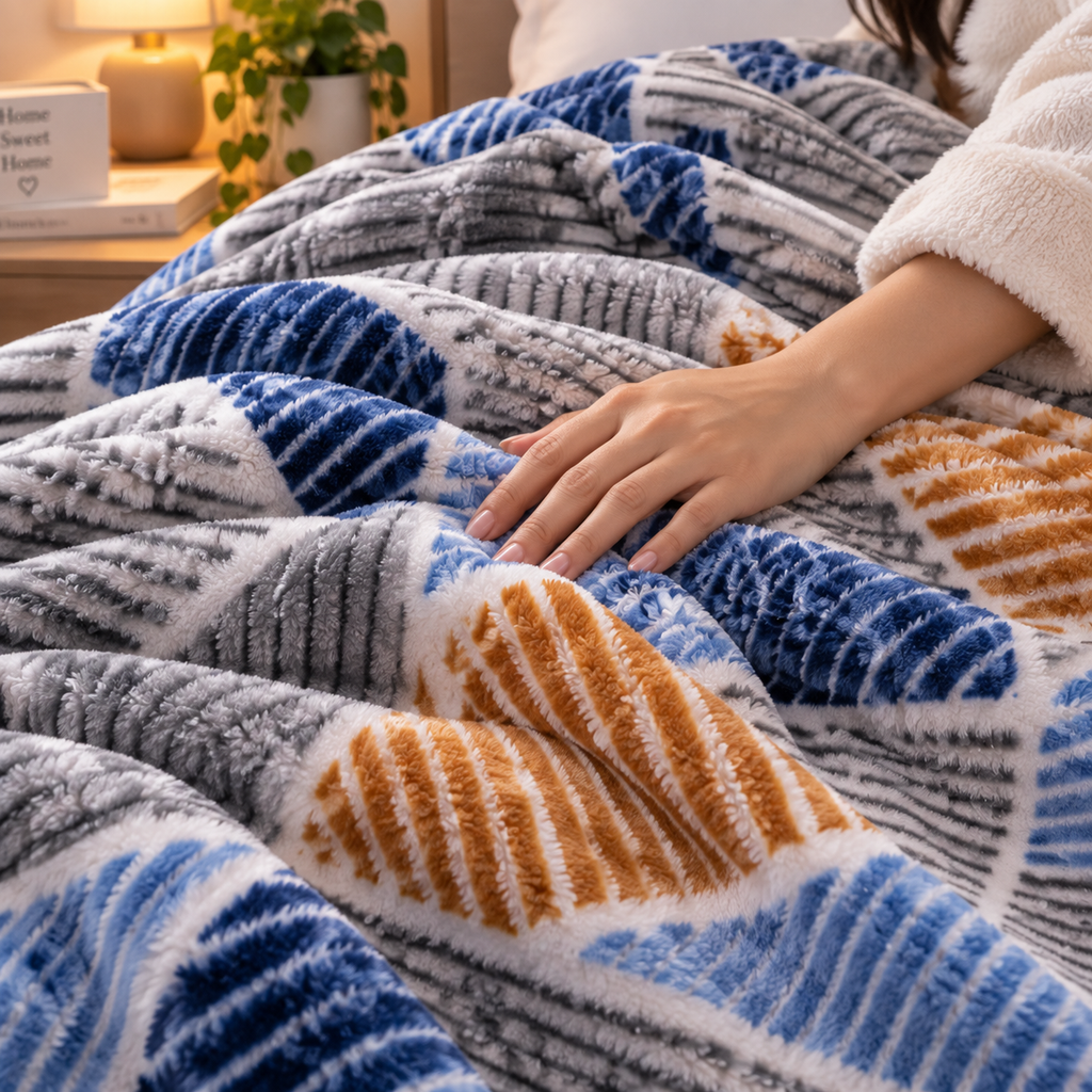 Velvet Rose Printed Single Bed Double Layer Blanket - Denim