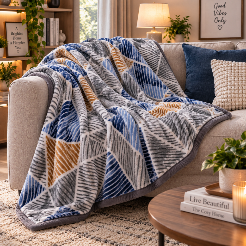 Velvet Rose Printed Single Bed Double Layer Blanket - Denim
