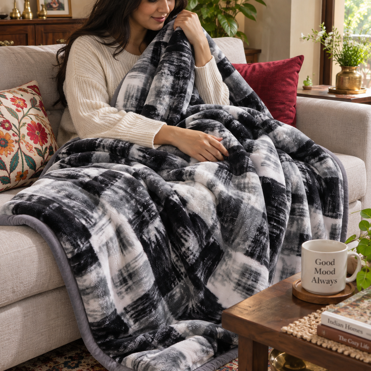 Velvet Rose Printed Single Bed Double Layer Blanket - Grey