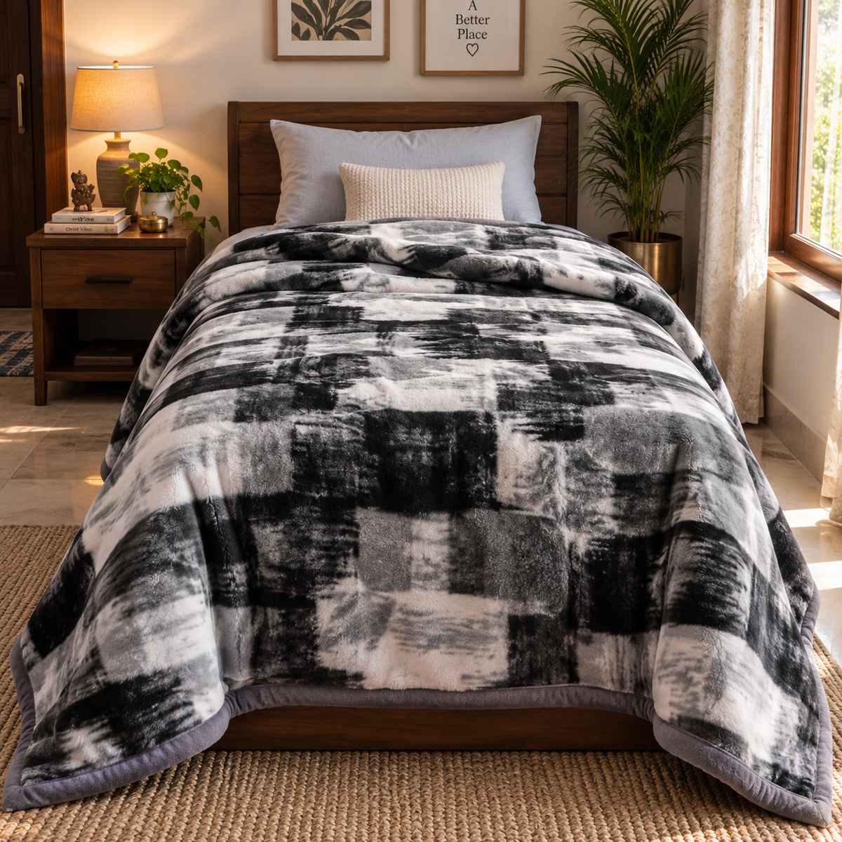 Velvet Rose Printed Single Bed Double Layer Blanket - Grey