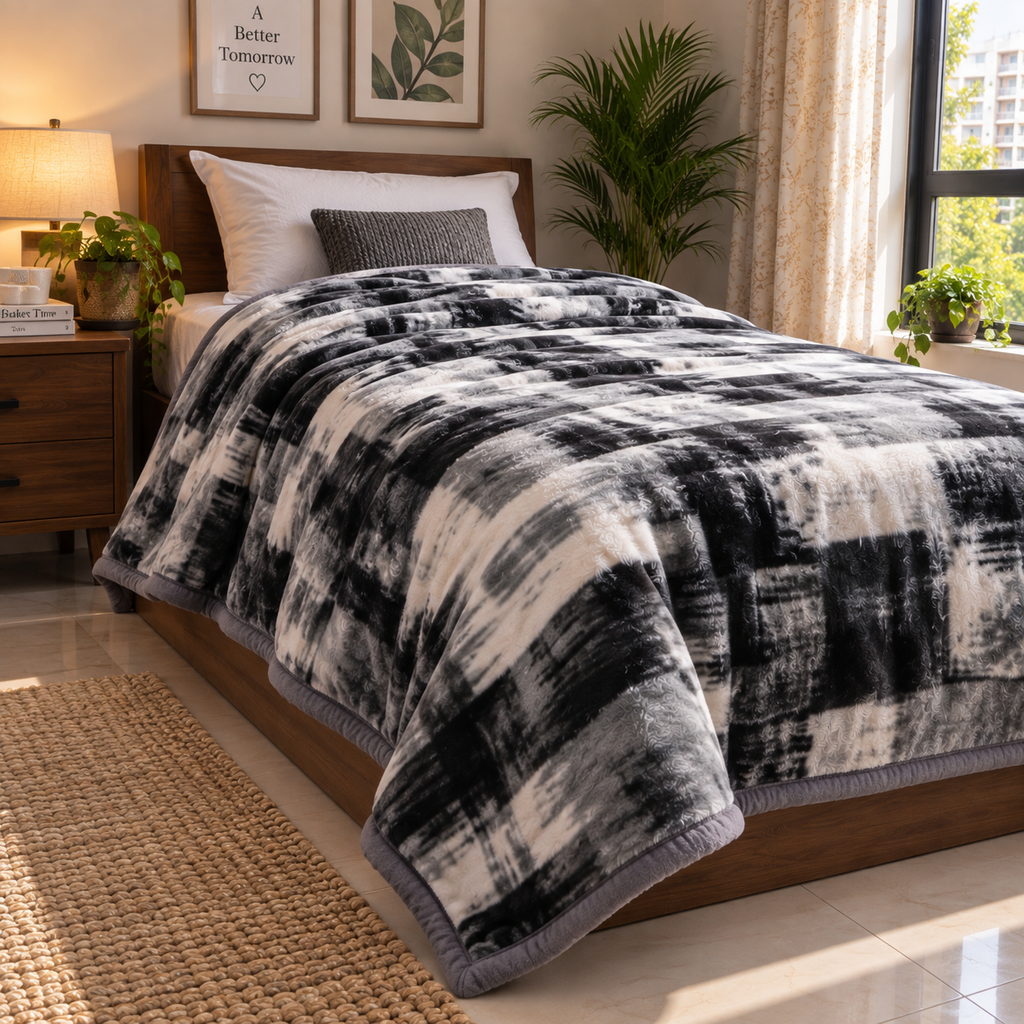Velvet Rose Printed Single Bed Double Layer Blanket - Grey