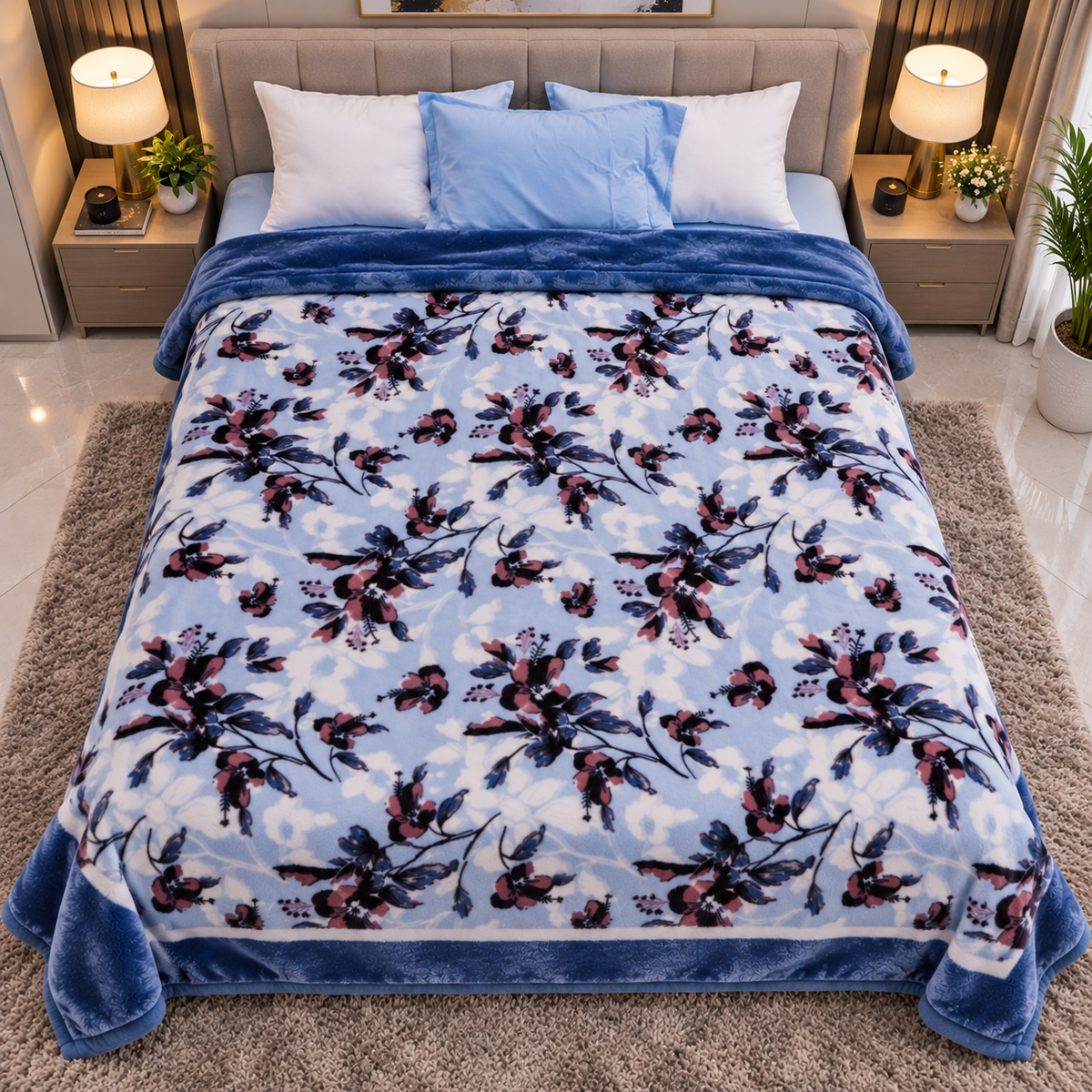 Laguna Printed Double Bed Double Layer 4.5kg Blanket - Blue