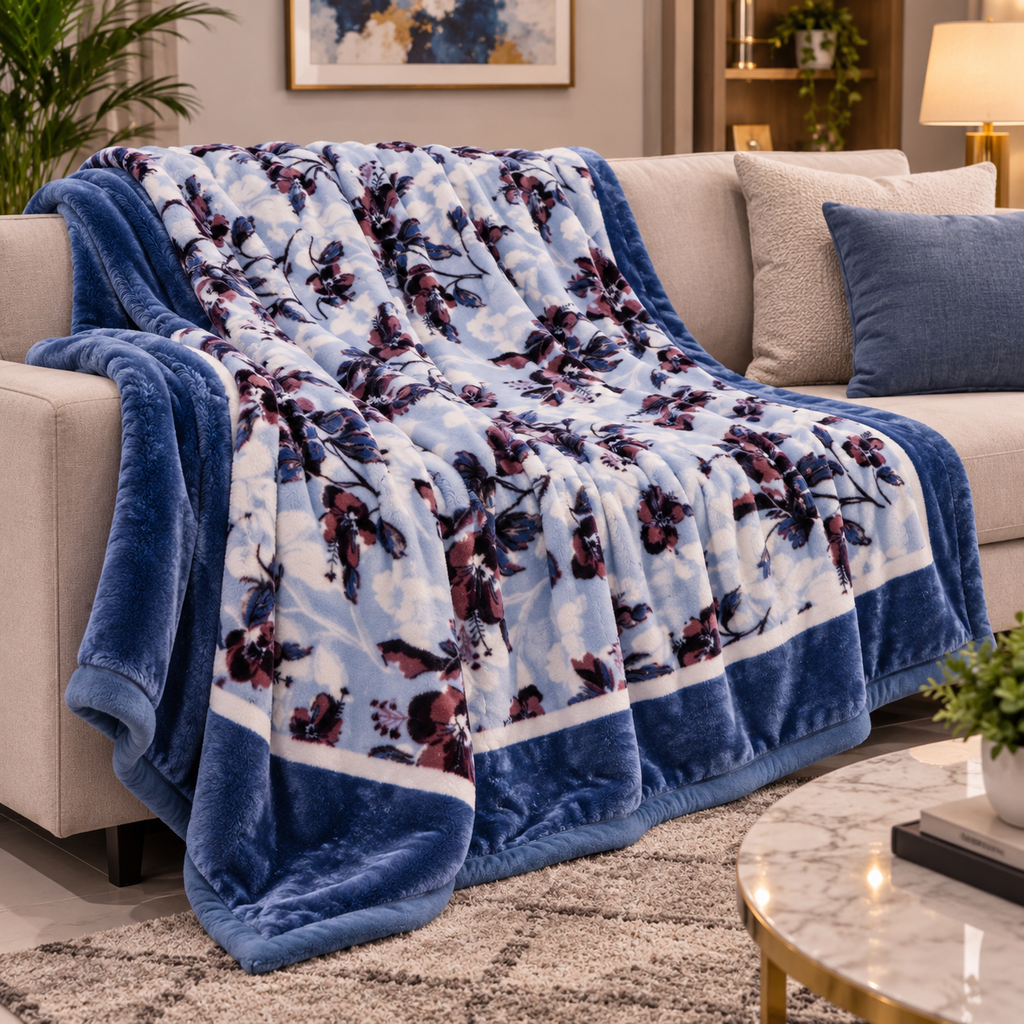 Laguna Printed Double Bed Double Layer 4.5kg Blanket - Blue