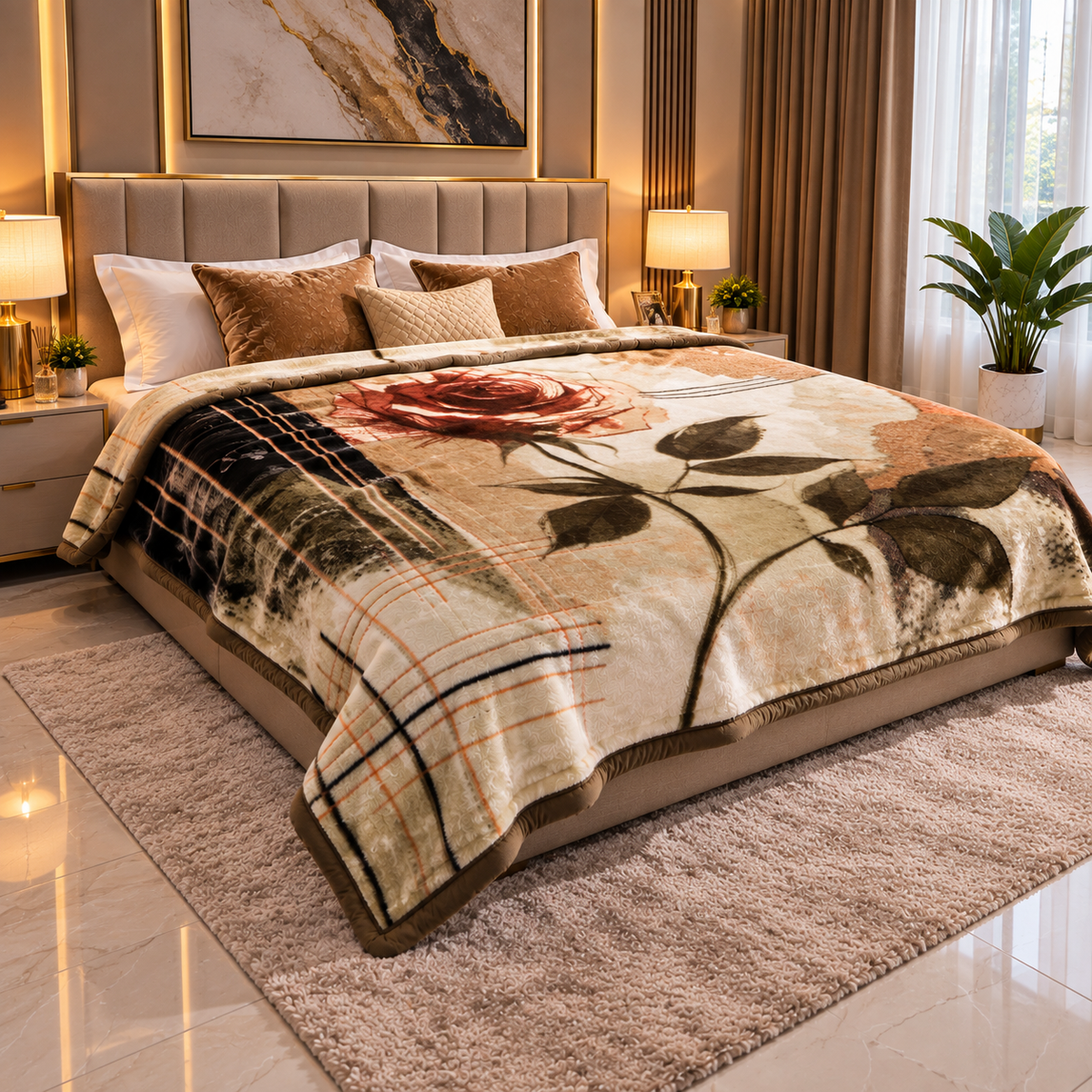 Urban Plush Printed Double Bed Double Layer 5kg Blanket - Dried Herb
