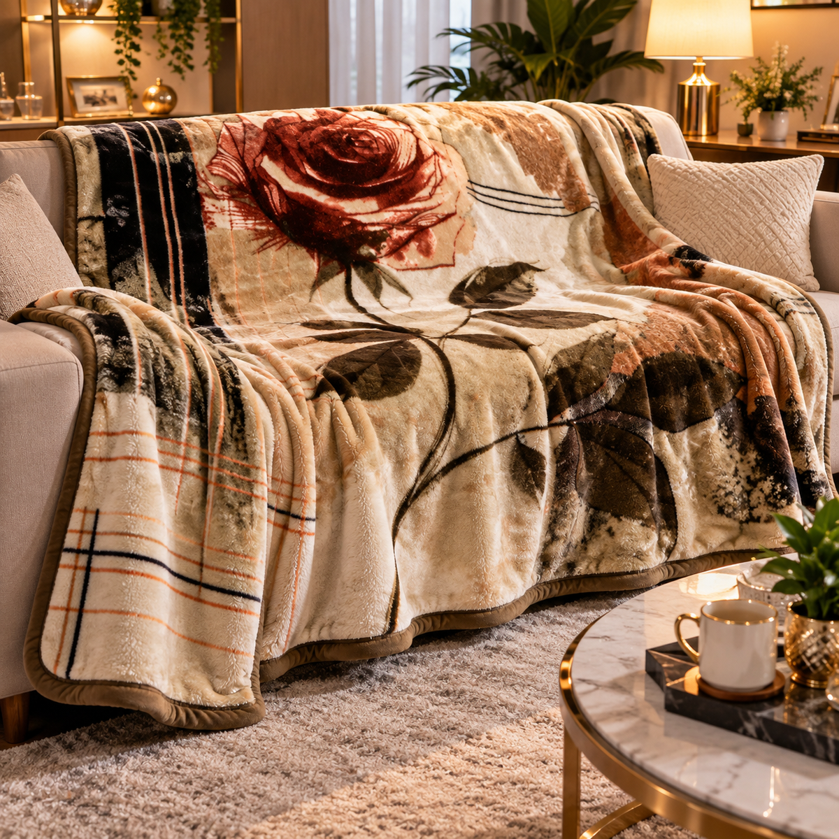 Urban Plush Printed Double Bed Double Layer 5kg Blanket - Dried Herb