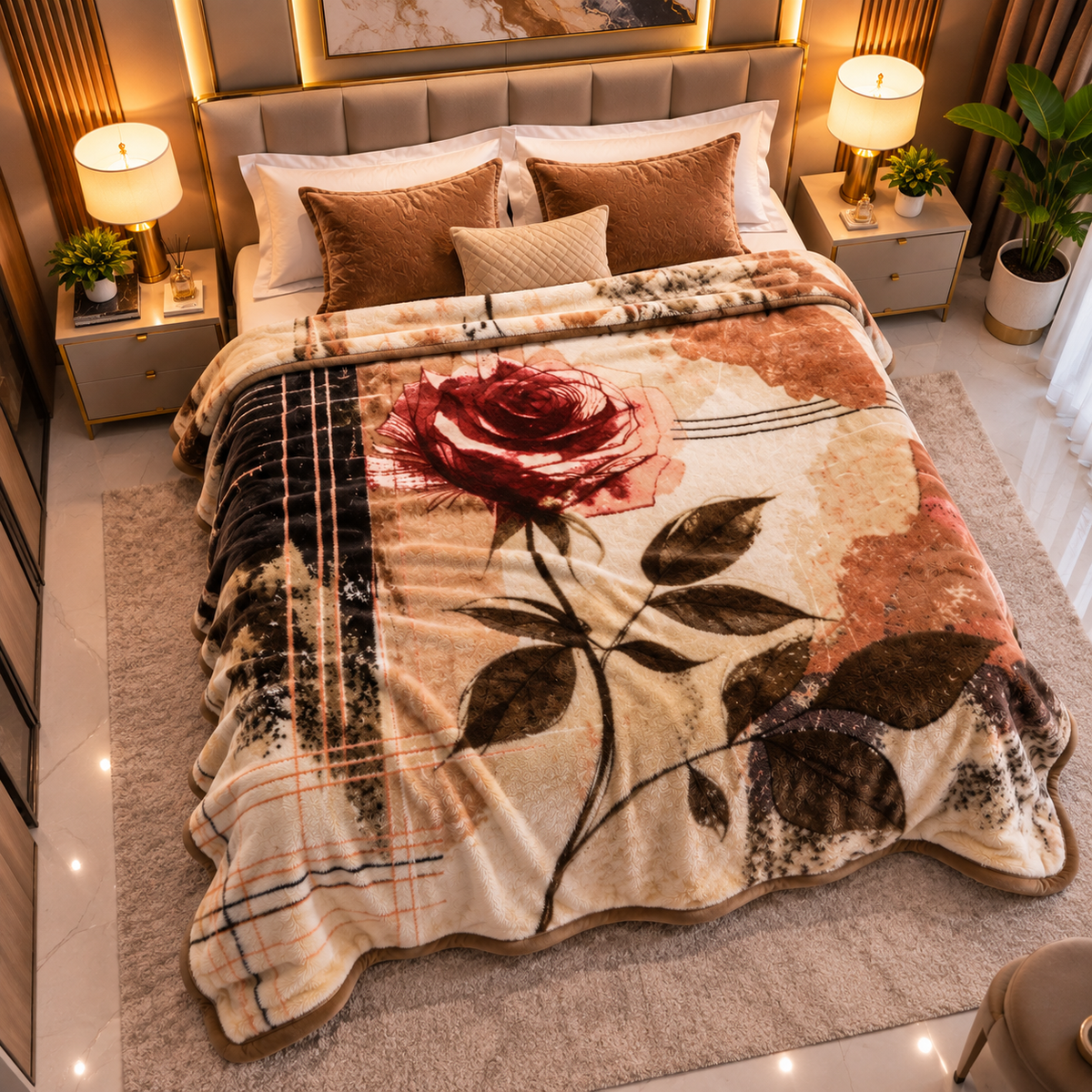 Urban Plush Printed Double Bed Double Layer 5kg Blanket - Beige