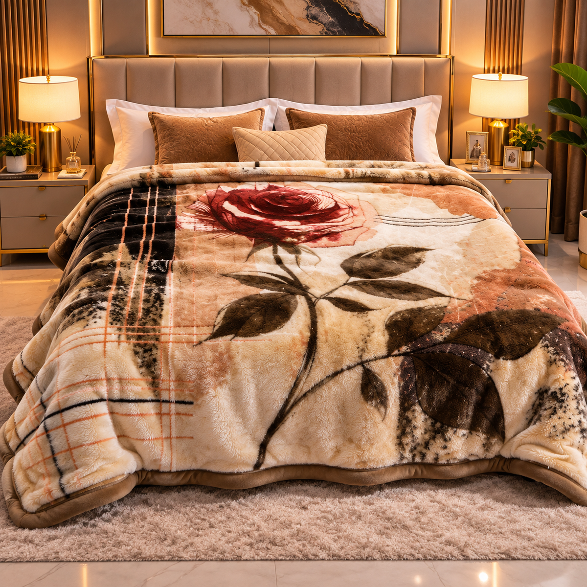 Urban Plush Printed Double Bed Double Layer 5kg Blanket - Beige