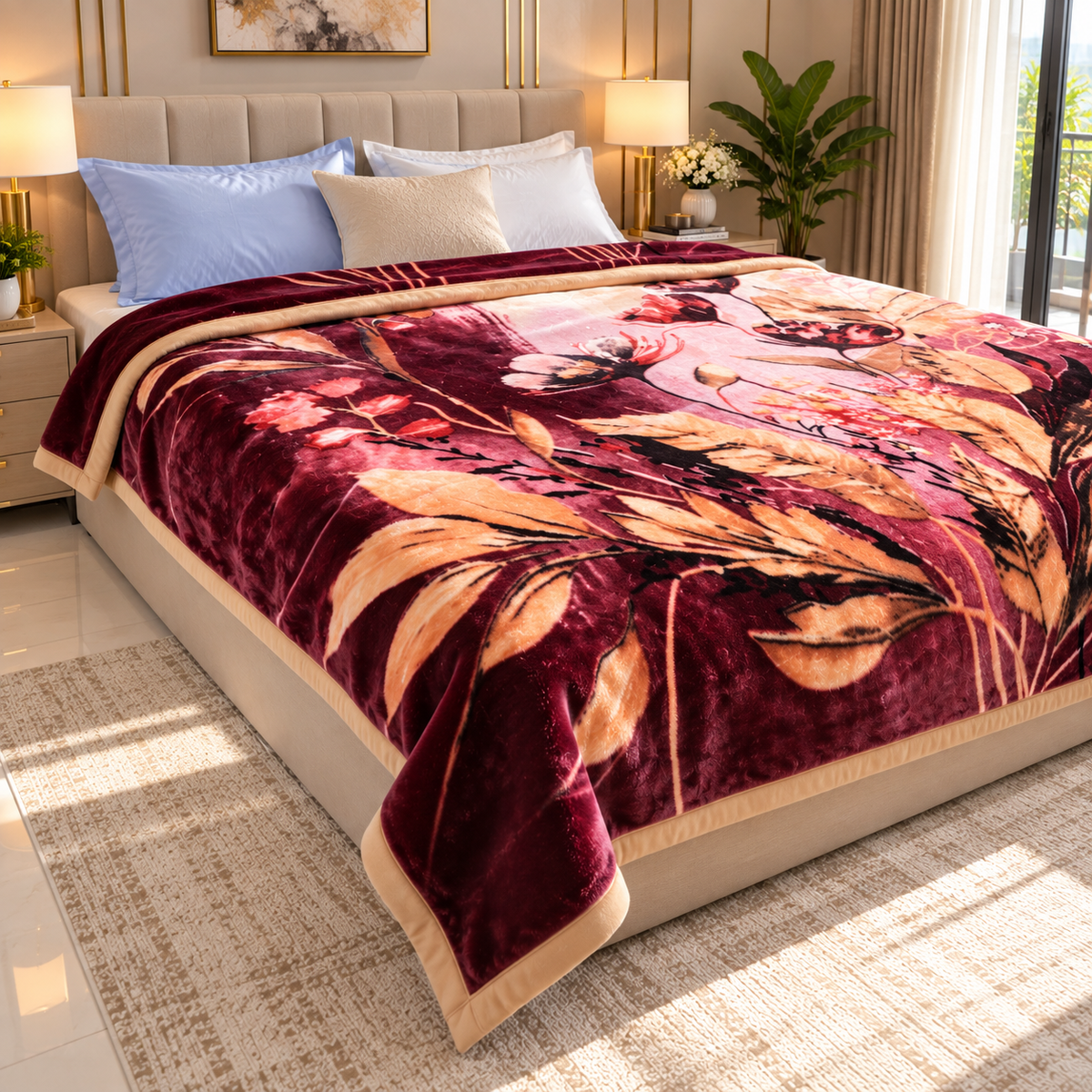 Urban Plush Printed Double Bed Double Layer 5kg Blanket - Rose