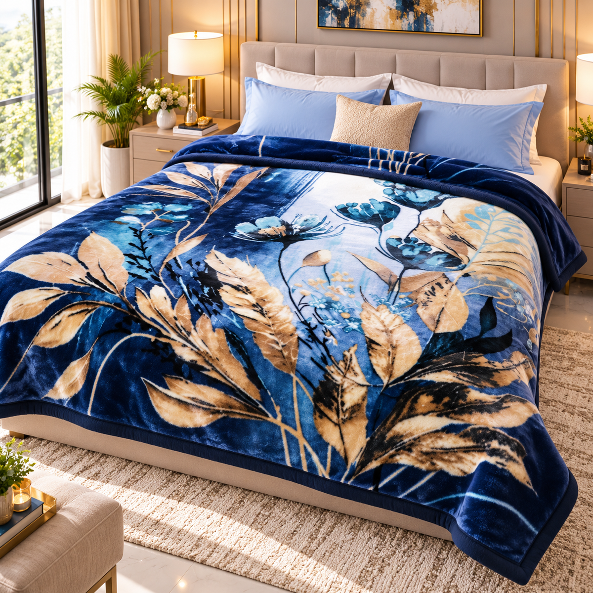 Urban Plush Printed Double Bed Double Layer 5kg Blanket - Blue