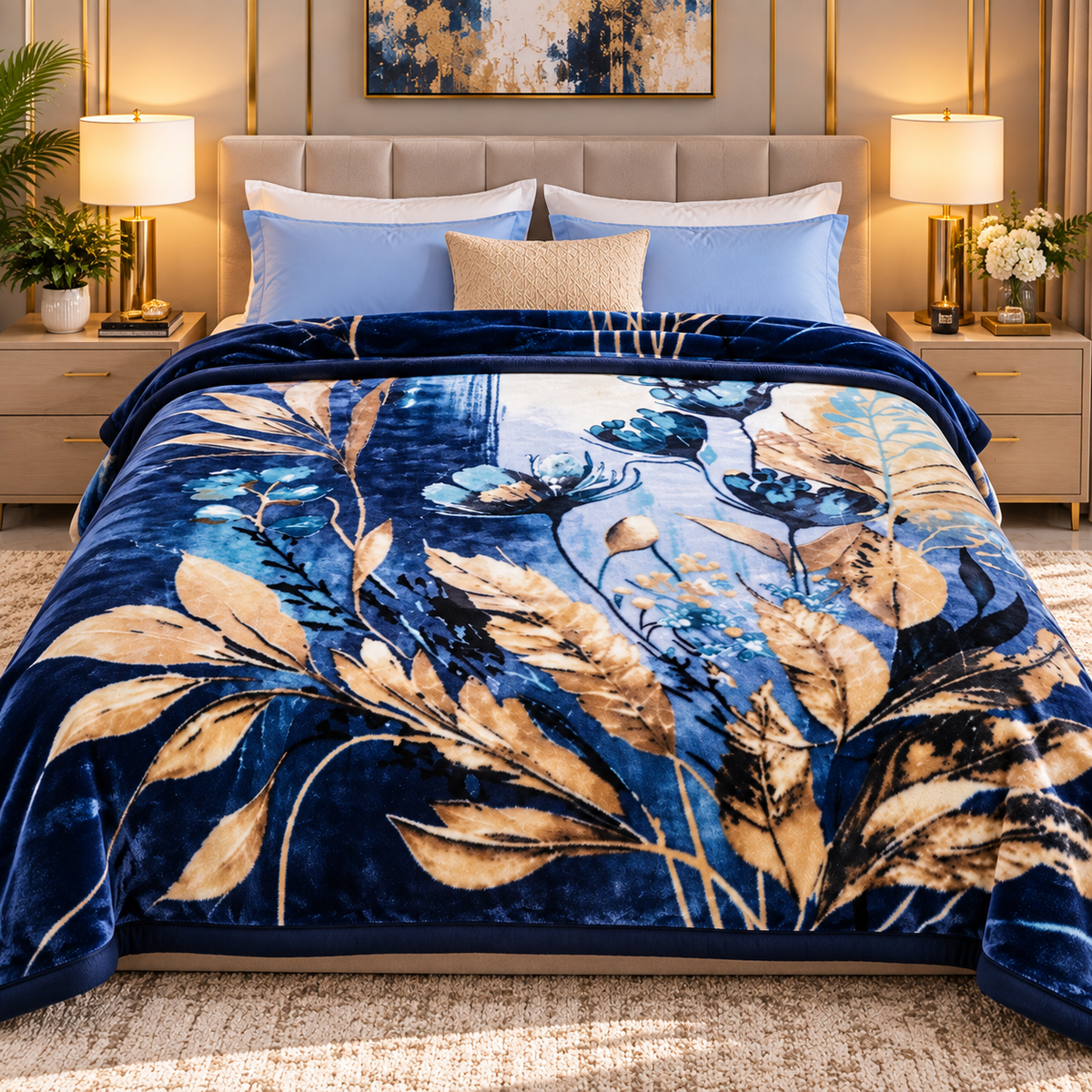 Urban Plush Printed Double Bed Double Layer 5kg Blanket - Blue