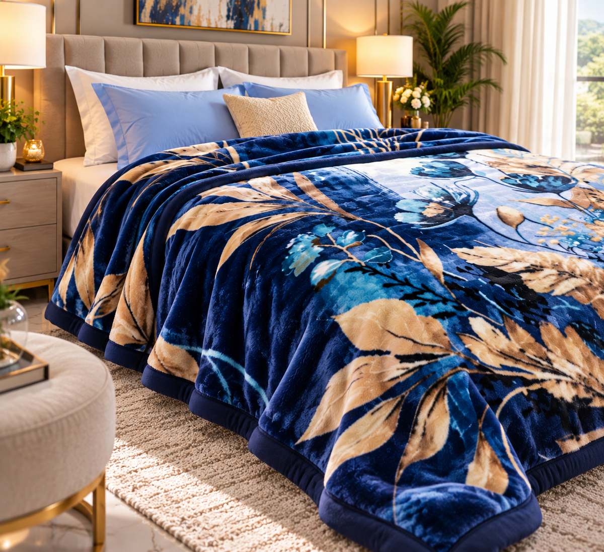 Urban Plush Printed Double Bed Double Layer 5kg Blanket - Blue