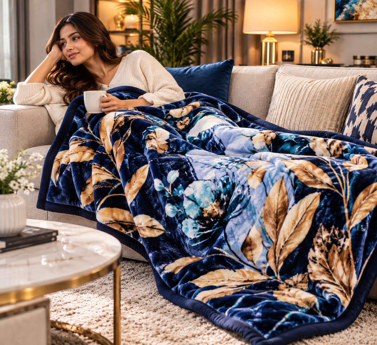 Urban Plush Printed Double Bed Double Layer 5kg Blanket - Blue