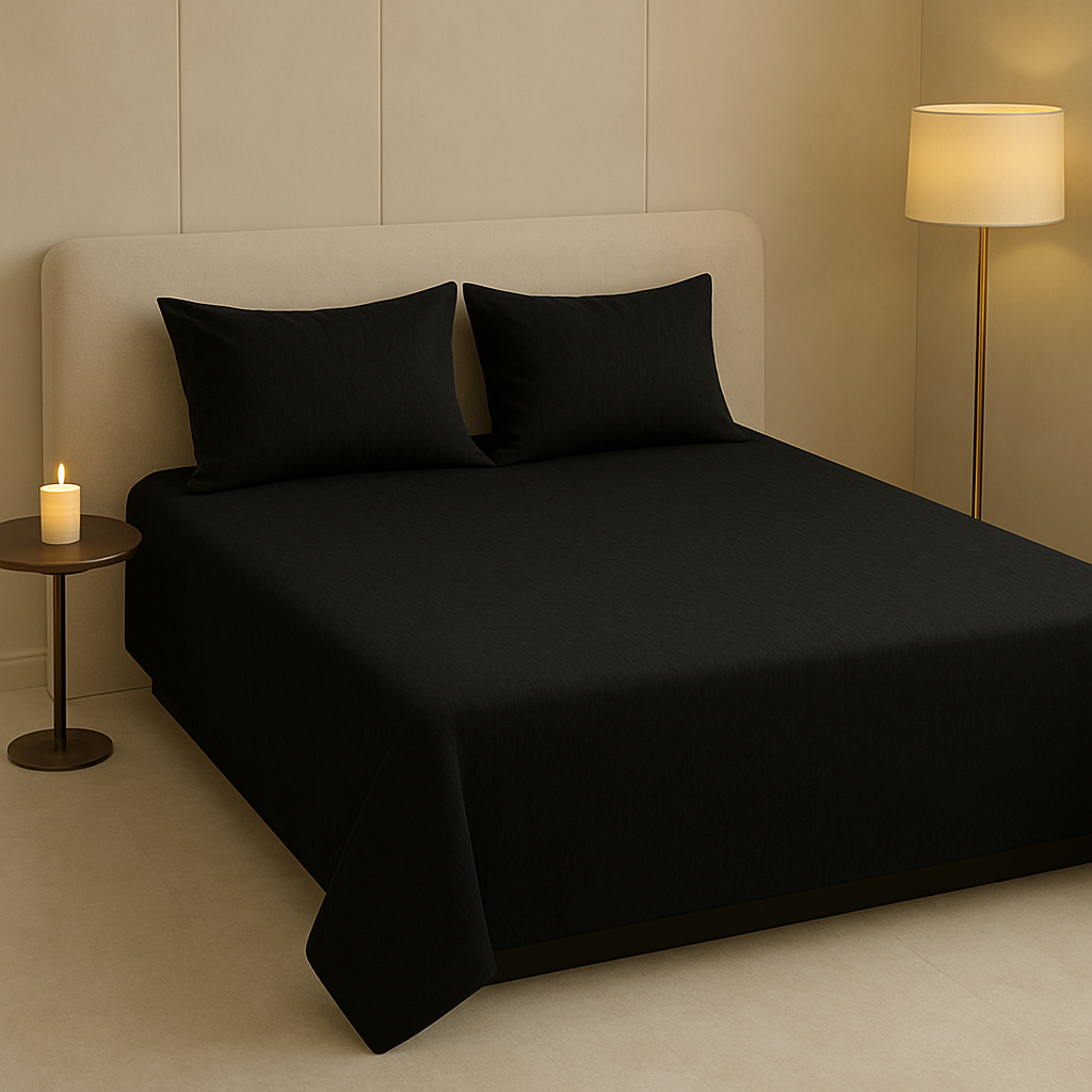 Midnight Black Flat Premium Cotton  Bedsheet Set
