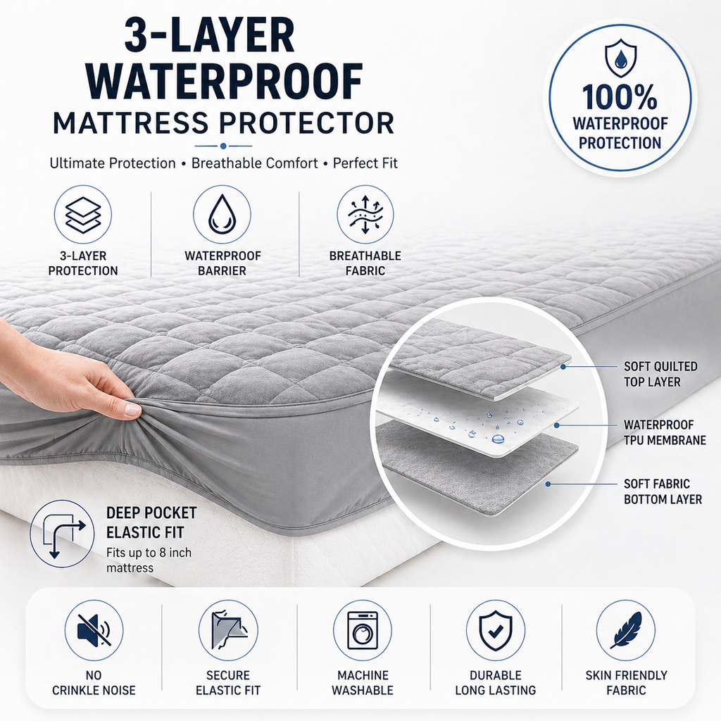 Water Proof 3 Layer Mattress Cover- Grey