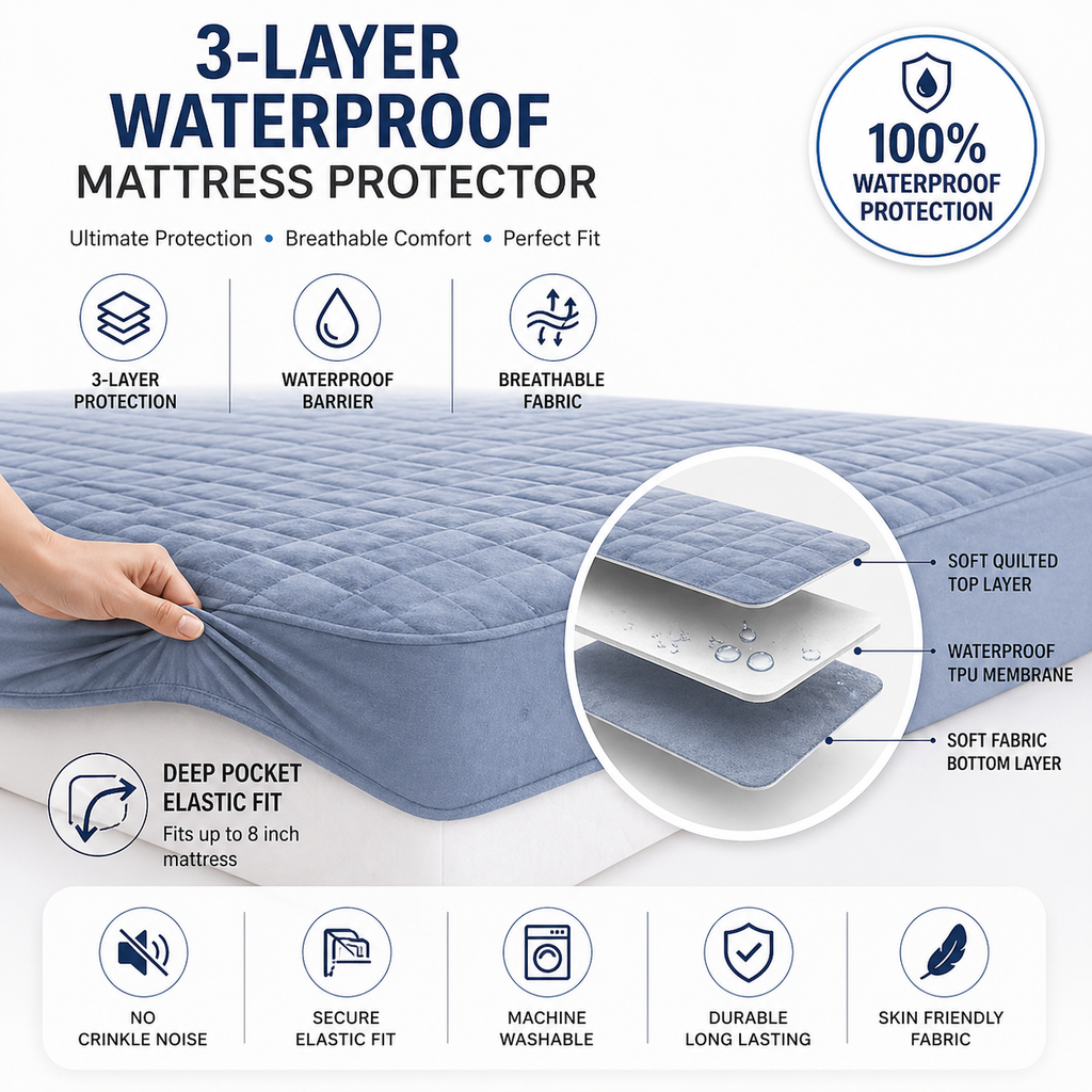 Water Proof 3 Layer Mattress Cover - Denim