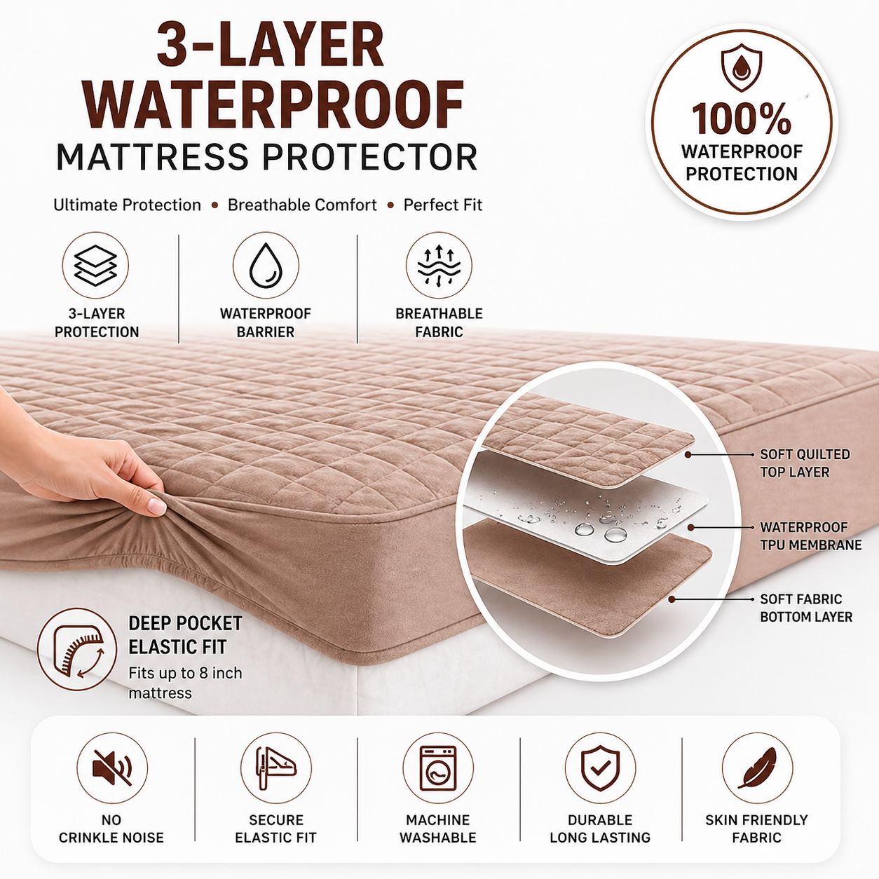 Water Proof 3 Layer Mattress Cover - Beige