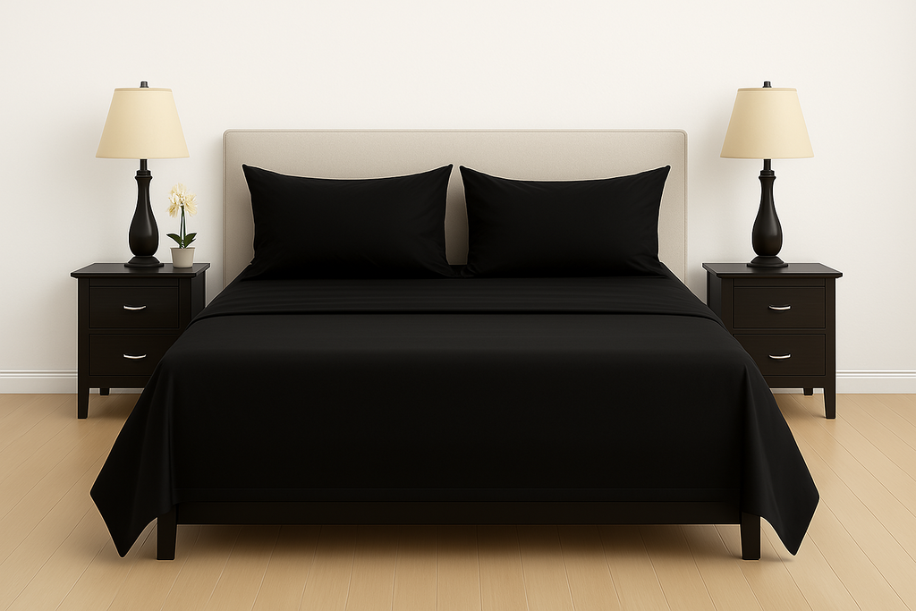 Midnight Black Flat Premium Cotton  Bedsheet Set