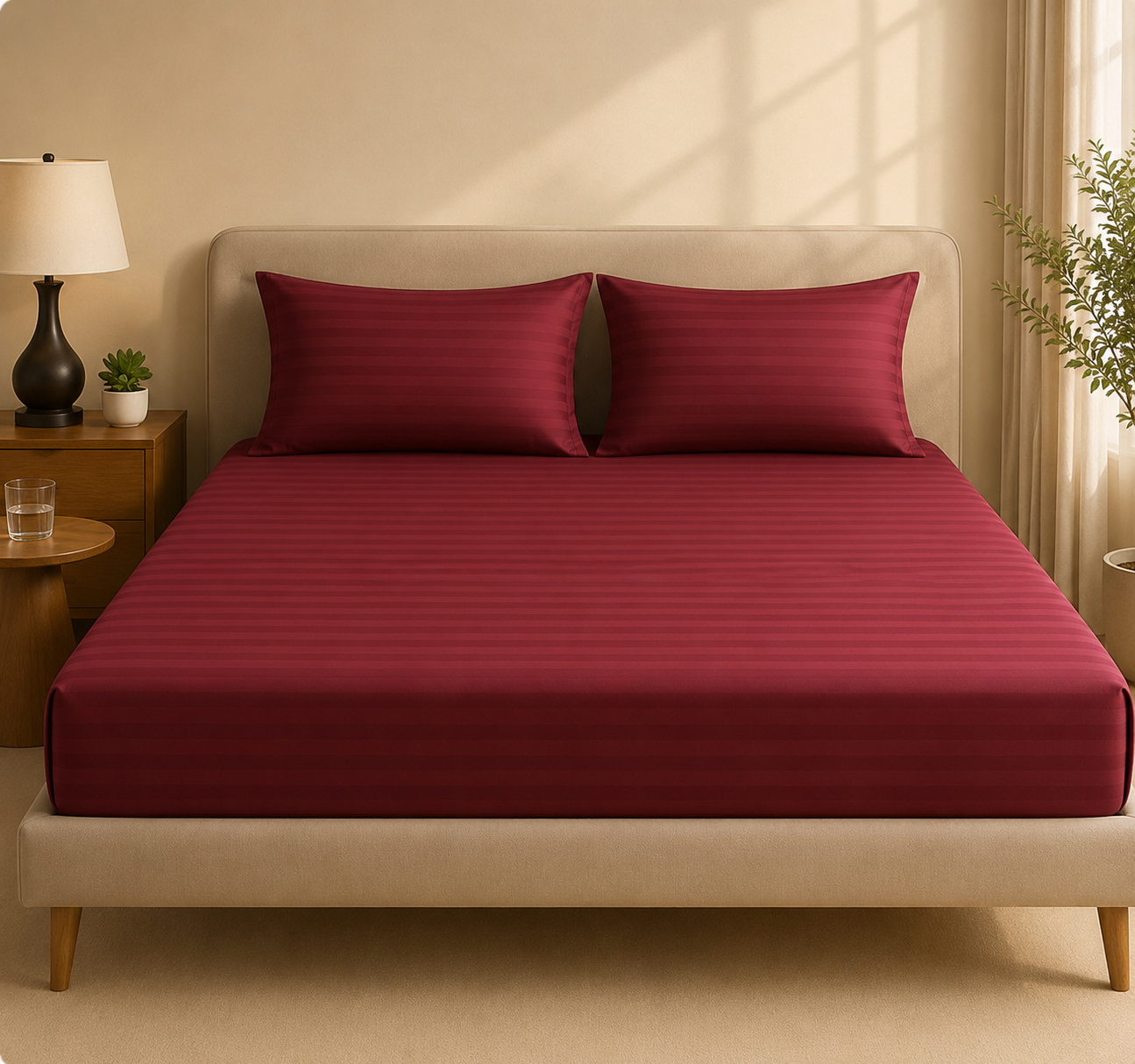 Wine Red - Cotton Feel Fitted Bedsheet Set