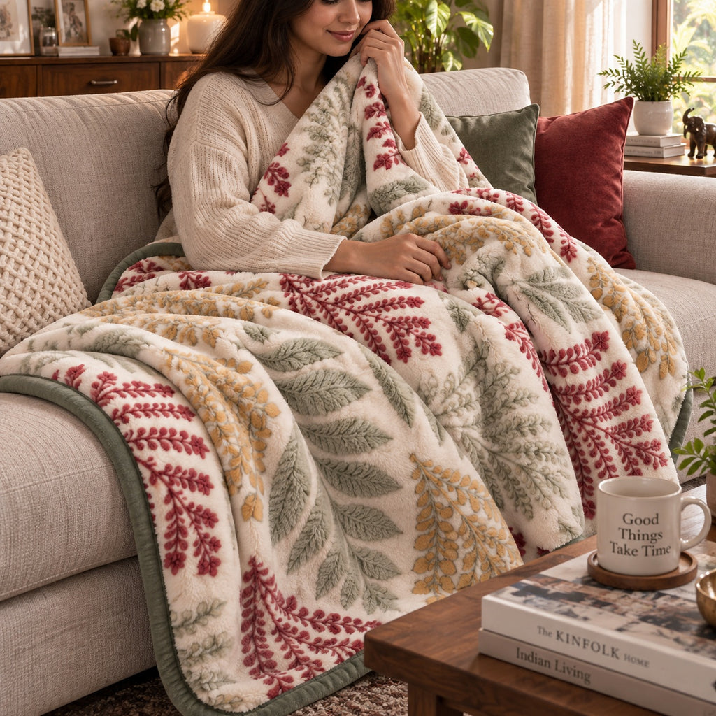 Velvet Rose Printed Single Bed Double Layer Blanket - Cream