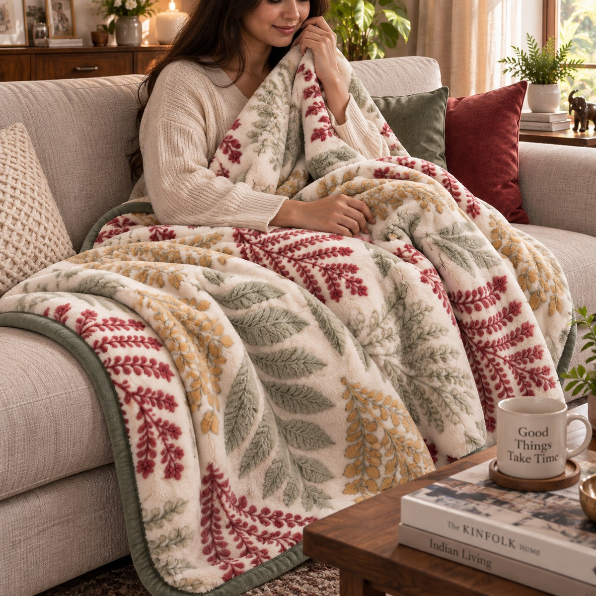 Velvet Rose Printed Single Bed Double Layer Blanket - Cream